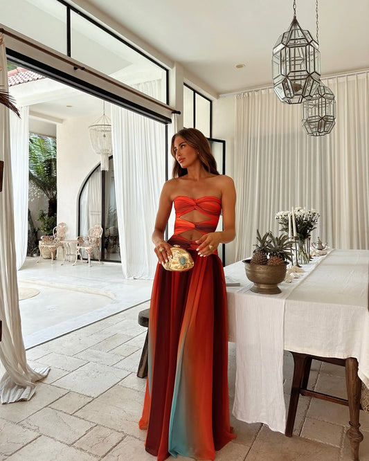 Strapless A Line Cut Out Mesh Maxi Dress