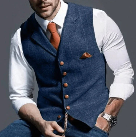 Men's Plaid Lapel Waistcoat with Chest Pocket