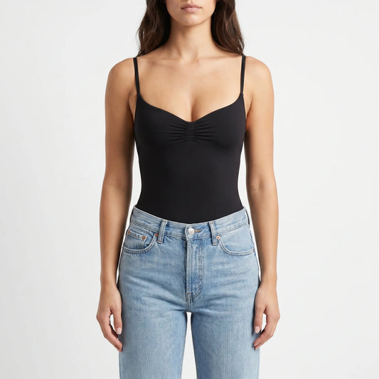 Ruched Scoop Neck Knit Bodysuit