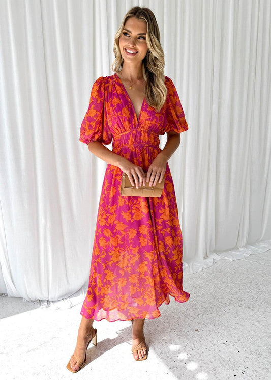 Floral Puff Sleeve V Neck Midi Dress