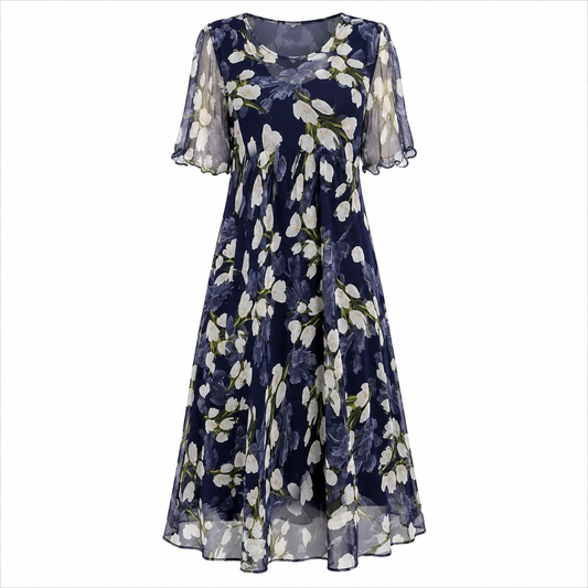 Floral Short Sleeve A-Line Midi Dress