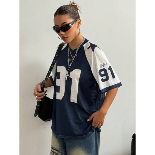 Oversized Varsity Print Sport Jersey Shirt
