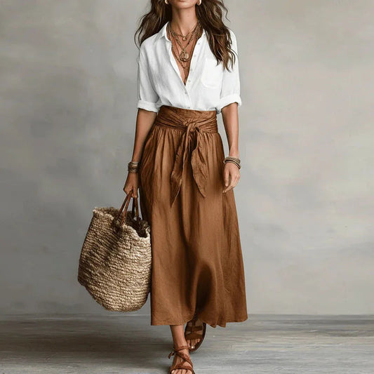 Relaxed Blouse And Tie Waist Midi Skirt Set