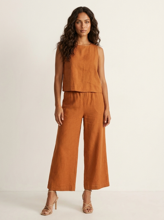 Linen Look Sleeveless Wide Leg Set