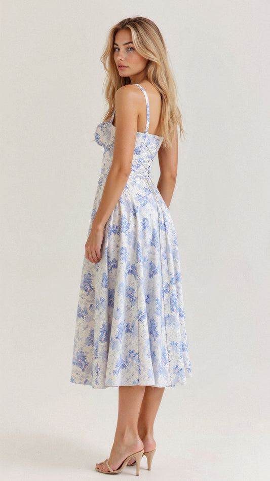 Fitted Waist Flared Midi Dress With Adjustable Straps