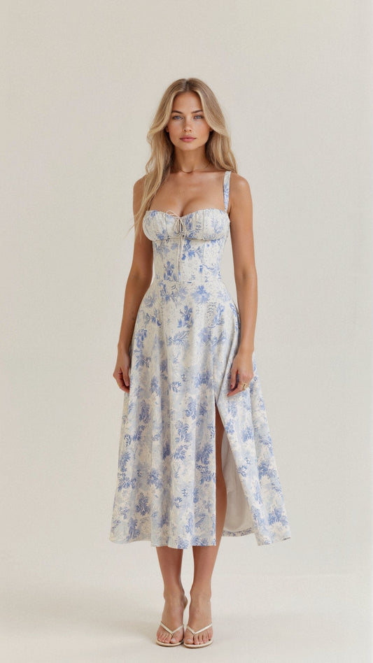 Fitted Waist Flared Midi Dress With Adjustable Straps