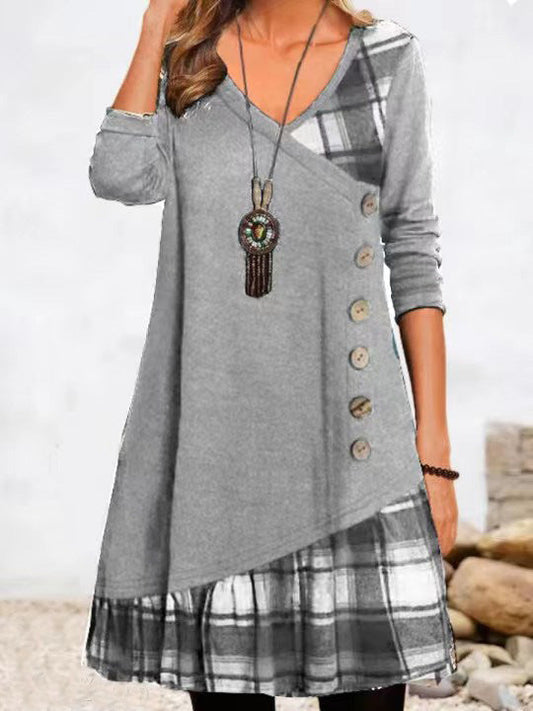 Women's Plaid Long-Sleeve Midi Dress