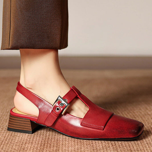 Women's Square Toe T Strap Slingback Heels