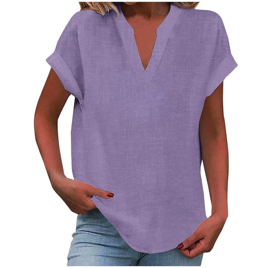 Notched V Neck Relaxed Fit Short Sleeve Blouse