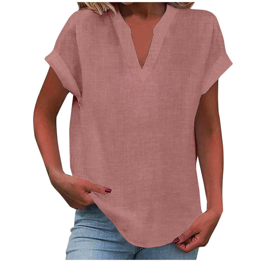 Notched V Neck Relaxed Fit Short Sleeve Blouse