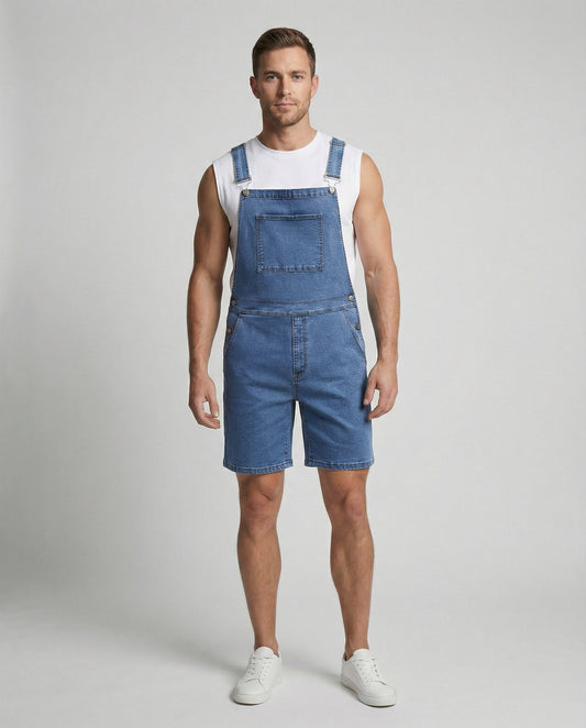 Men's Denim Bib Overall Shorts With Pockets