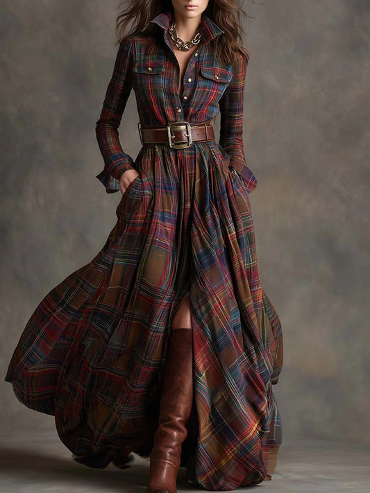 Plaid Belted Maxi Shirt Dress