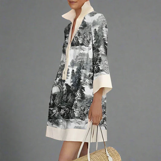 Vintage Toile Print Mini Tunic Dress