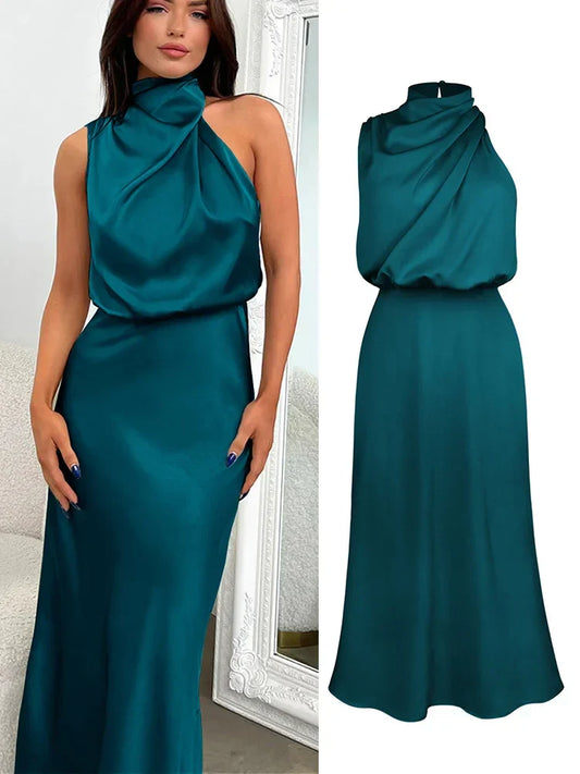 Satin Midi Dress with Asymmetric Neckline