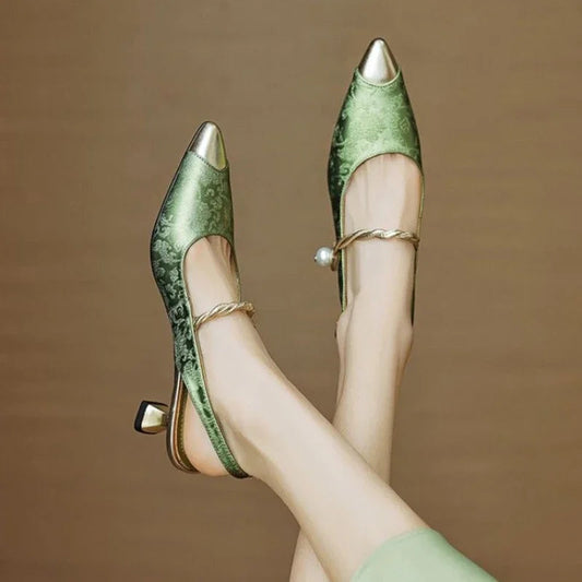 Brocade Satin Kitten Heels with Pearl Strap