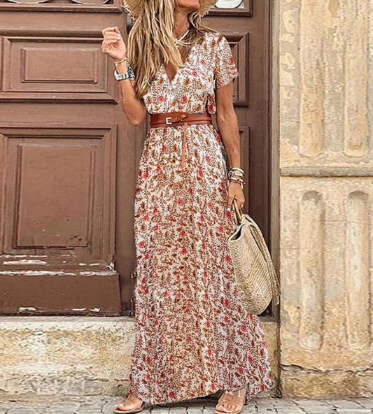 Women's Boho V Neck Short Sleeve Maxi Dress
