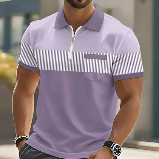 Striped Zip Placket Short Sleeve Polo Shirt