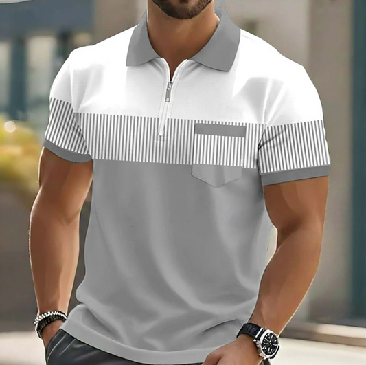 Striped Zip Placket Short Sleeve Polo Shirt