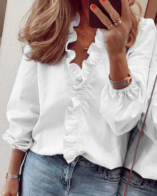 Ruffled Neck Balloon Sleeve Blouse