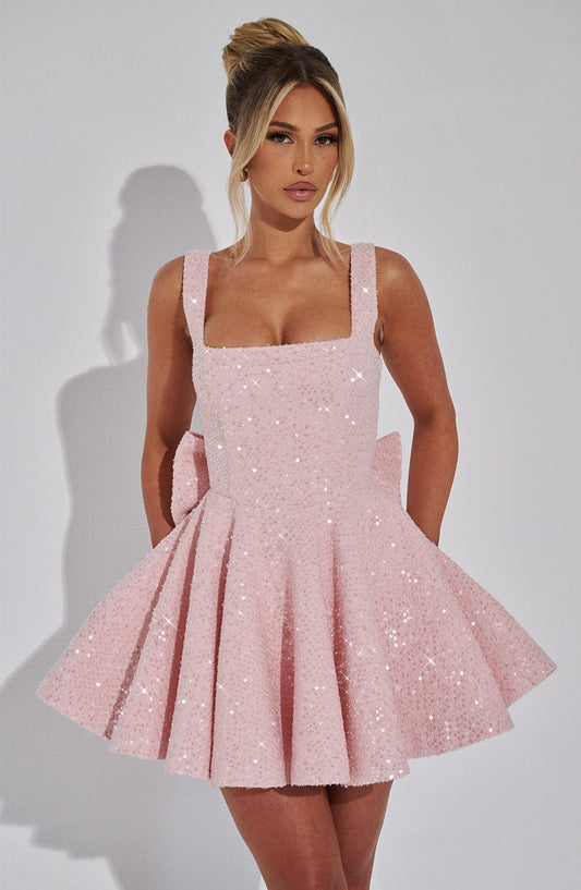 Square Neck Sequin Skater Mini Dress with Bow