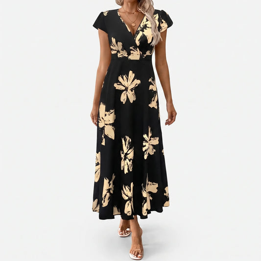 Printed V-Neck A-Line Midi Dress