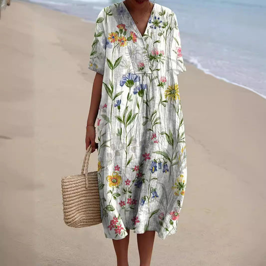 Floral V Neck Short Sleeve Midi Summer Dress