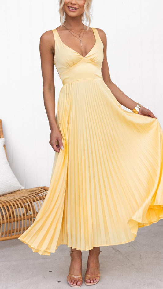 Pleated V-Neck Sleeveless Maxi Dress