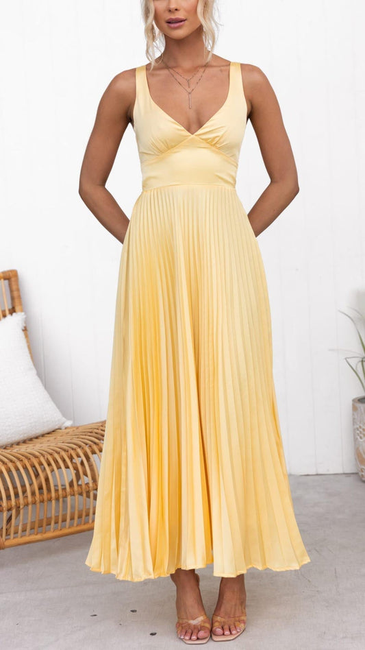 Pleated V-Neck Sleeveless Maxi Dress