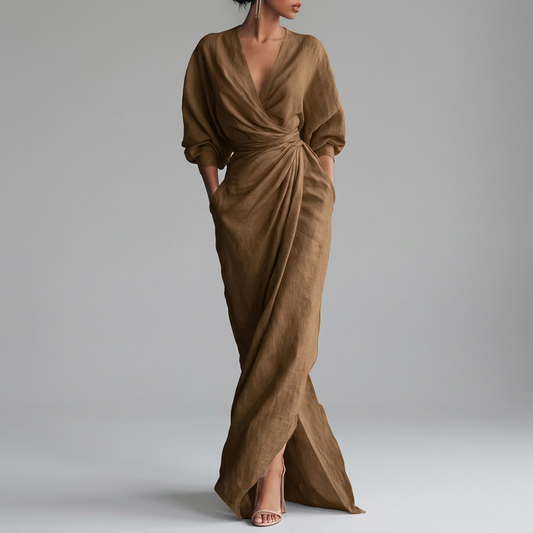 Women's Wrap V-Neck Gathered Waist Maxi Dress With Pockets