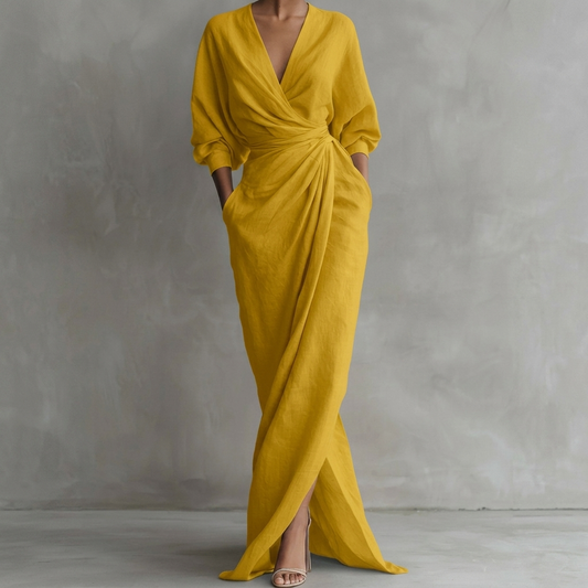 Women's Wrap V-Neck Gathered Waist Maxi Dress With Pockets