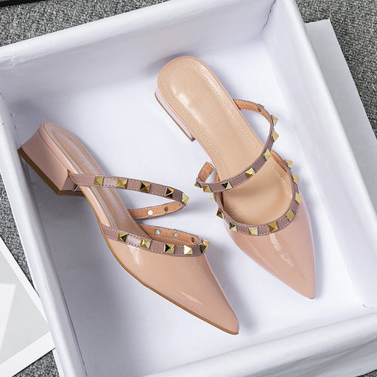 Pointed Toe Studded Block Heel Mules