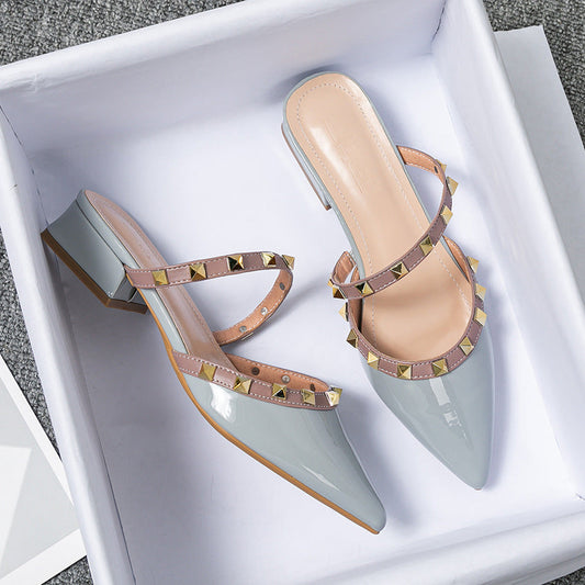 Pointed Toe Studded Block Heel Mules