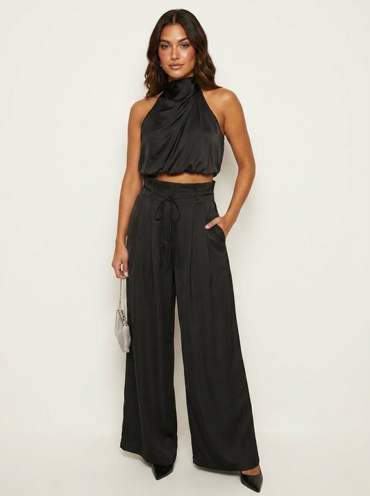 Satin Halter Top Wide Leg Pants Set