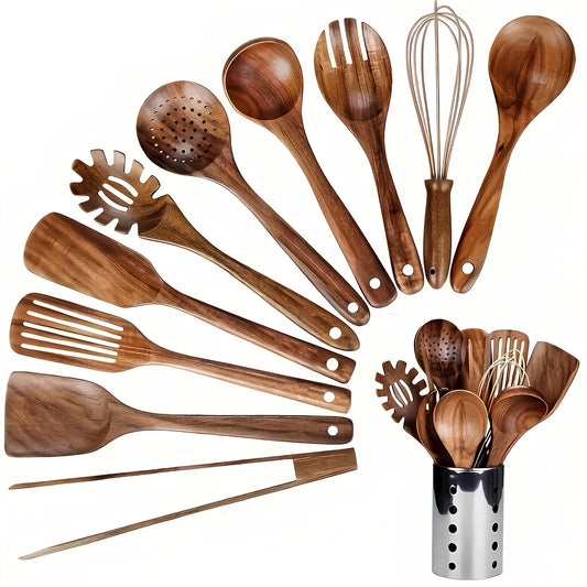 11 Piece Teak Wood Kitchen Utensil Set with Holder