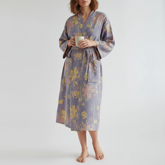 Vibrant Print Cotton Kimono Robe With Pockets