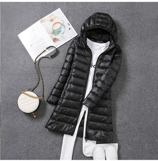 Women's Long Puffer Jacket with Detachable Hood