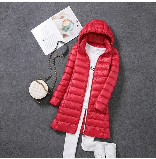 Women's Long Puffer Jacket with Detachable Hood