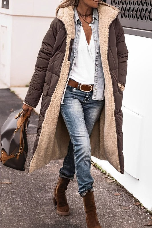Reversible Teddy Lined Long Hooded Coat