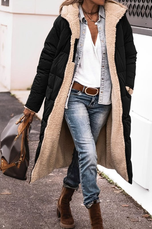 Reversible Teddy Lined Long Hooded Coat