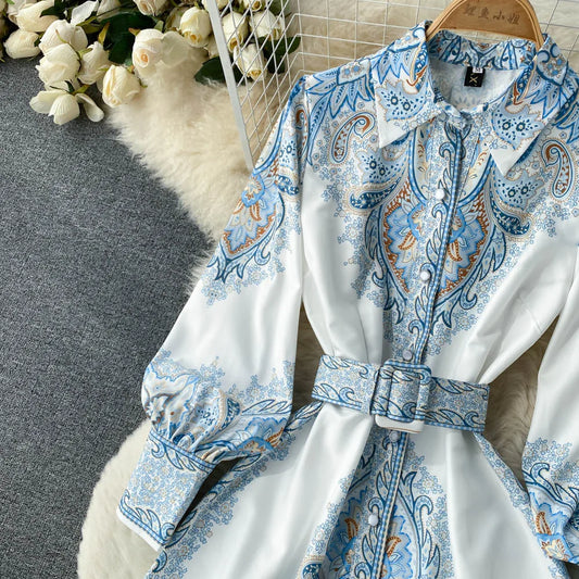 Belted Floral A Line Dress With Collar