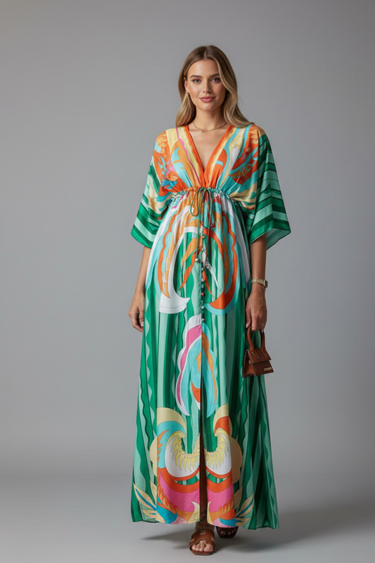 Bohemian Print V Neck Maxi Dress