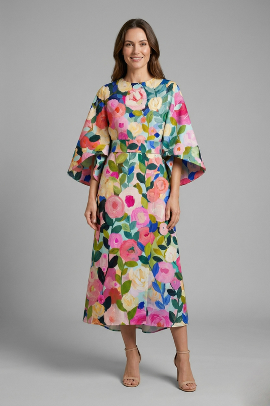 Abstract Print Wide Sleeve Relaxed Midi Dress
