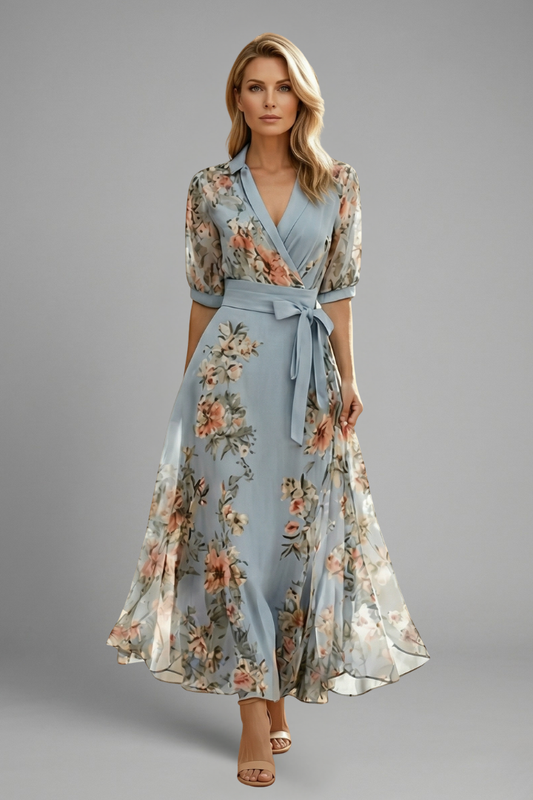 V-Neck Floral Print Stretch Midi Dress