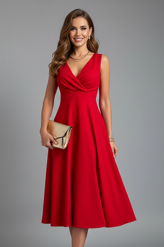 Sleeveless V-Neck A-Line Zip-Back Midi Dress