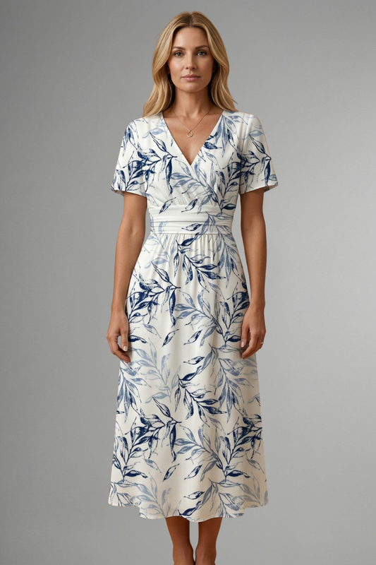 V-Neck Floral Print A-Line Midi Dress