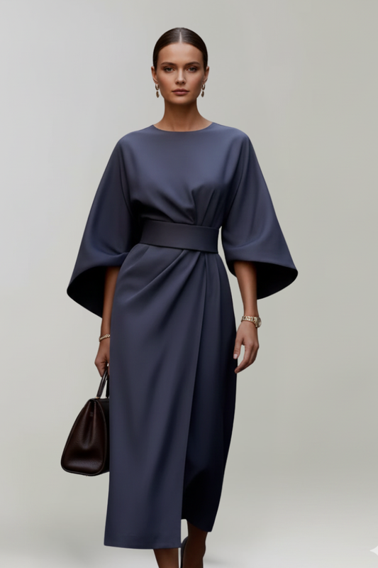Wide Sleeve Belted Waist Midi Dress