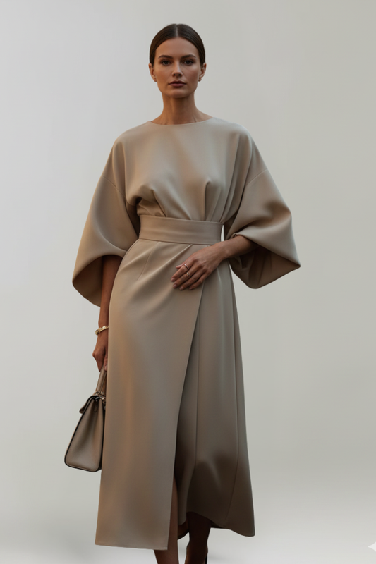 Wide Sleeve Belted Waist Midi Dress
