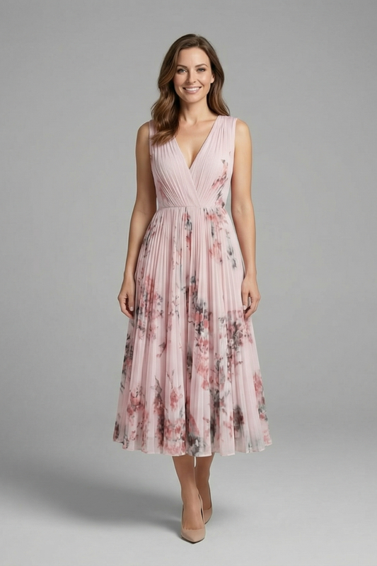V-Neck Pleated Sleeveless Midi Dress
