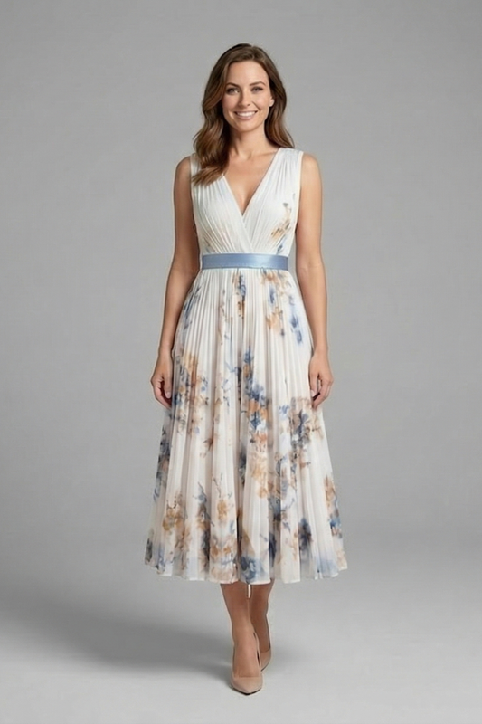 V-Neck Pleated Sleeveless Midi Dress
