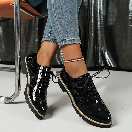 Women's Patent Leather-Look Brogue Shoes